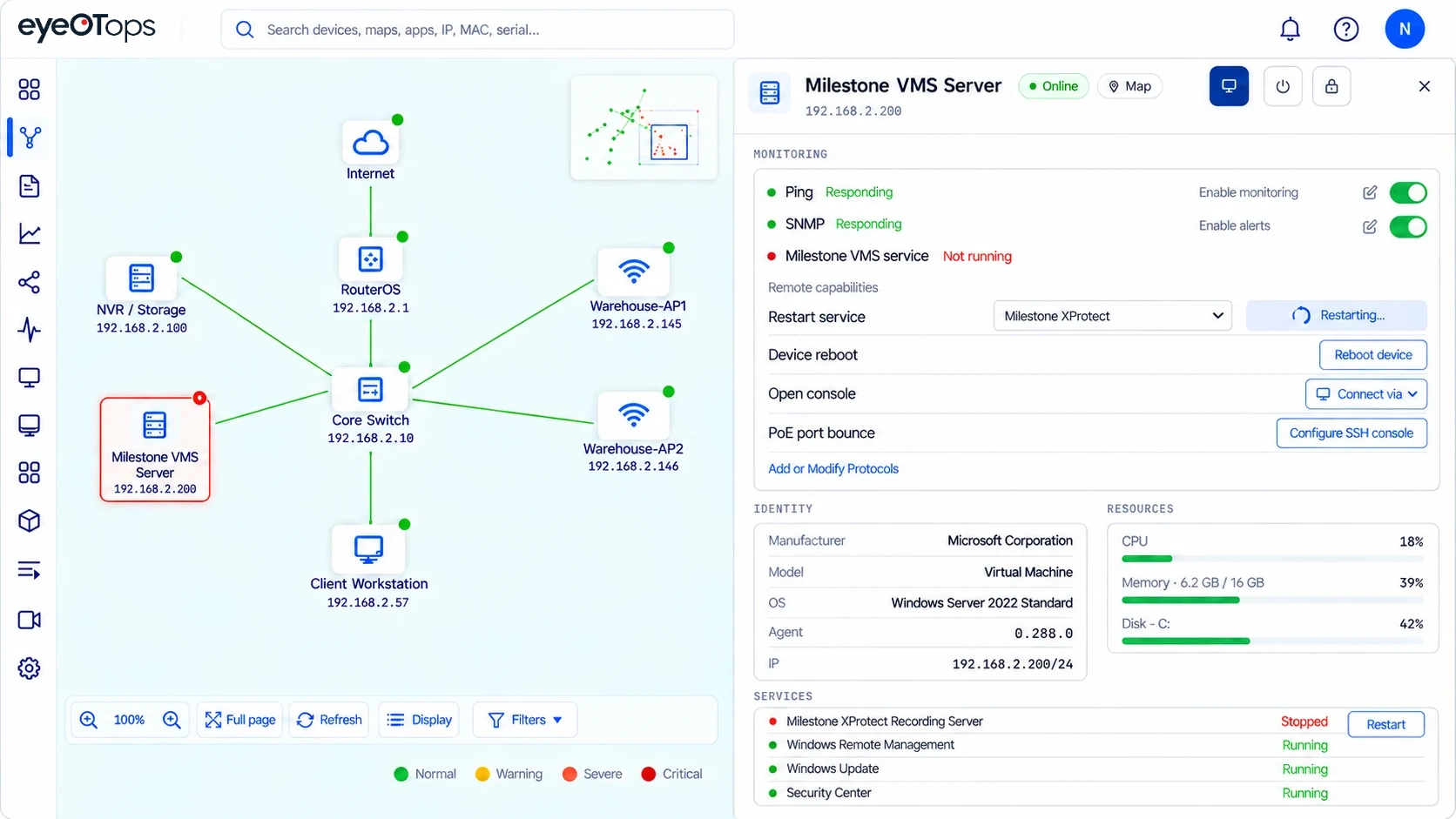 eyeOT device panel for a Milestone VMS server with the recording service stopped and a service restart in progress, plus device reboot and PoE port bounce actions