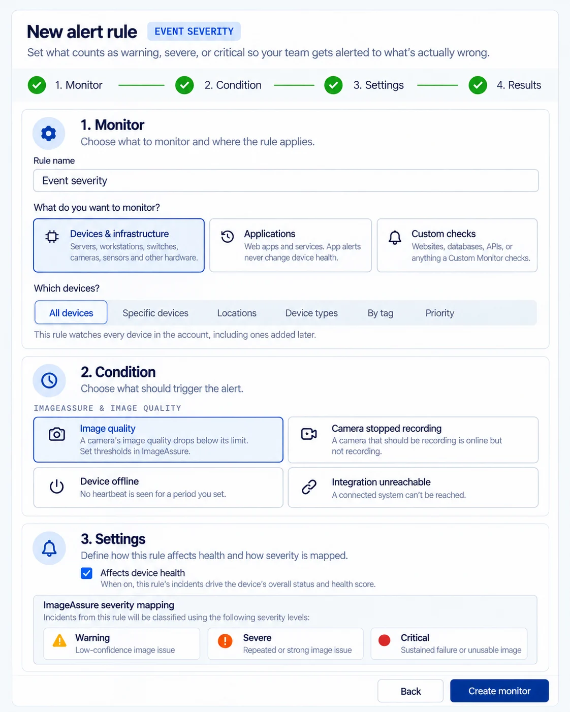 Creating an eyeOT alert rule for ImageAssure image quality, with a severity mapping: warning for a low-confidence image issue, severe for a repeated or strong issue, critical for a sustained failure or unusable image.