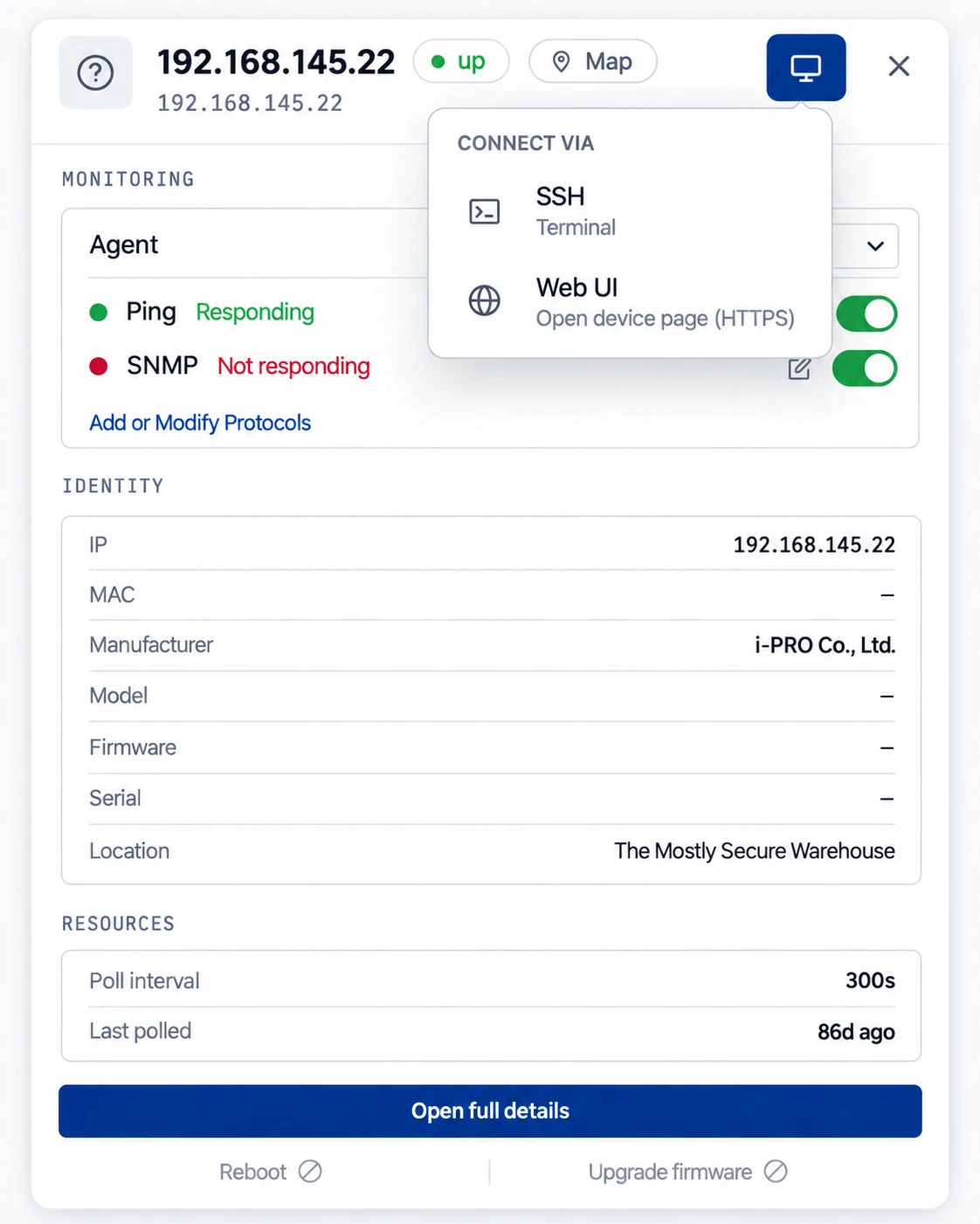 eyeOT device panel with monitoring protocols, identity, poll interval and SSH or Web UI connect options