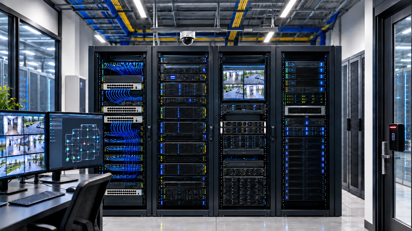 Data center with network racks, servers, security cameras, VMS displays and access control