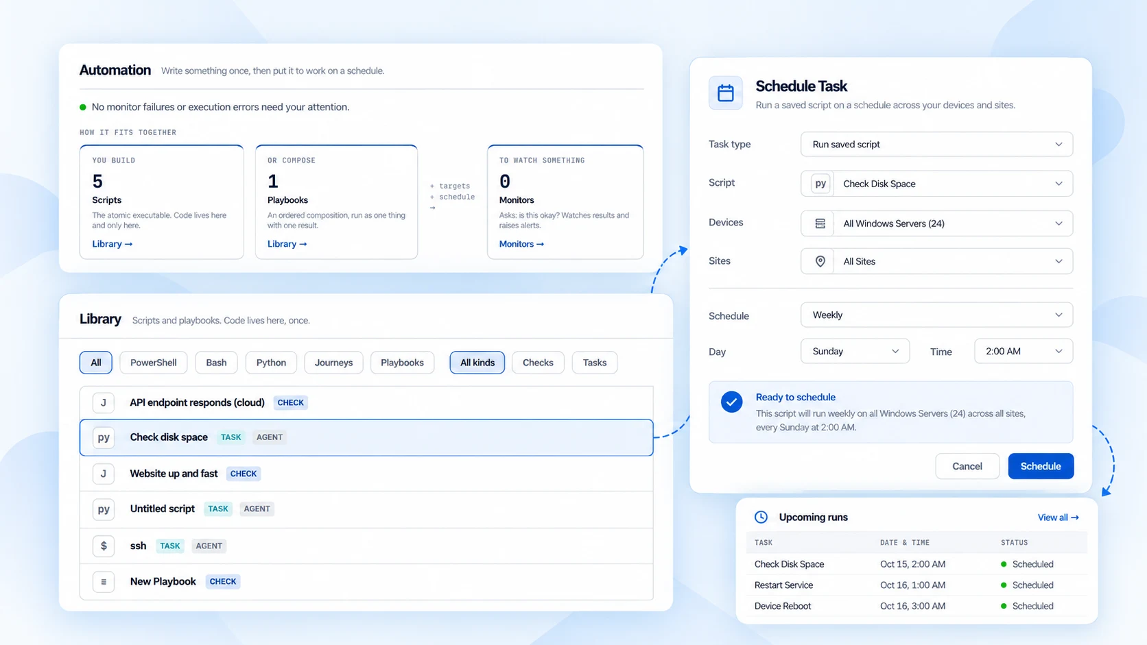 eyeOT automation library with a Check disk space script scheduled to run weekly on all Windows servers across all sites, and a list of upcoming scheduled runs