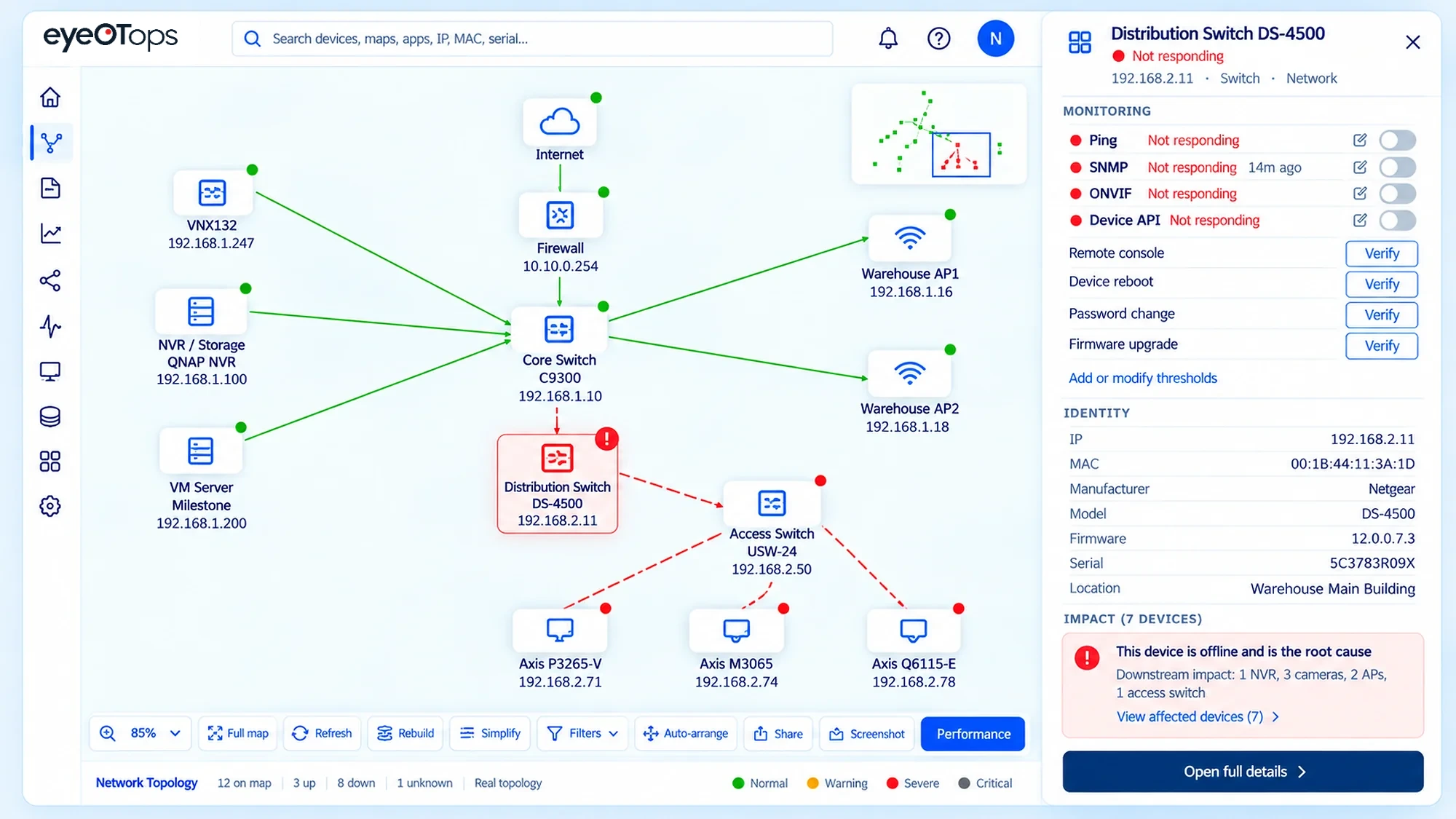 eyeOT network topology with Distribution Switch DS-4500 flagged as the root cause, its monitoring checks not responding, and the downstream access switch and three cameras affected