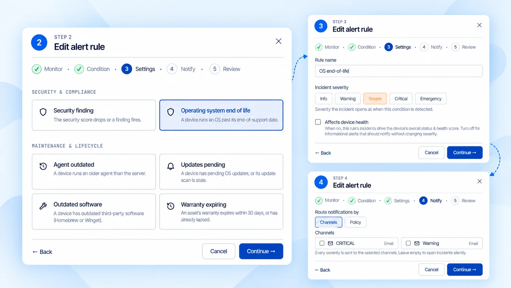 eyeOT alert rule builder: an Operating system end of life rule set to Severe, with email notification channels chosen in the next step