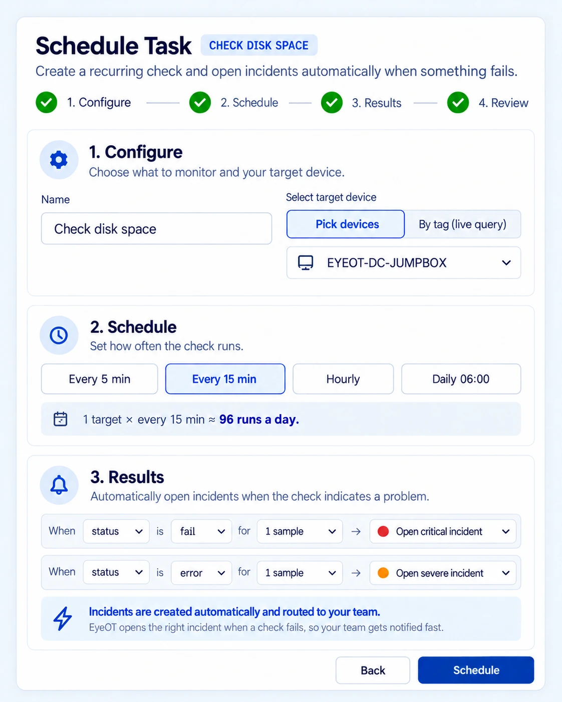 eyeOT Schedule Task setup: a disk space check every 15 minutes that opens incidents automatically when it fails
