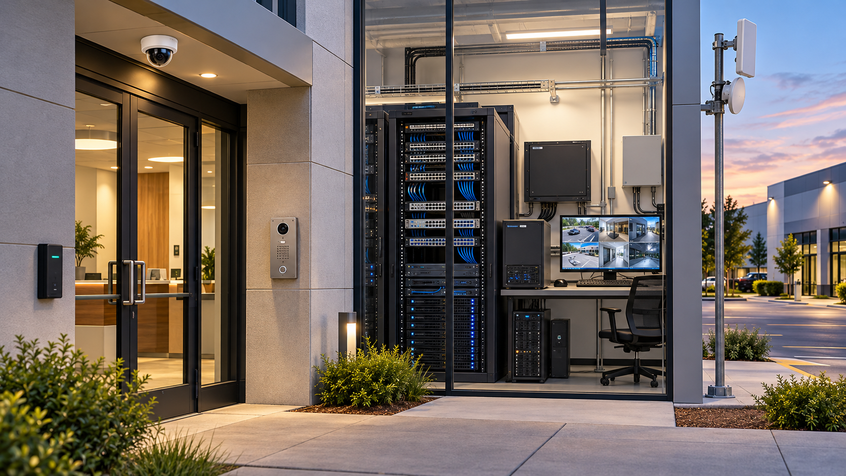 A commercial building entrance with a door reader, intercom and dome camera beside a glass-walled equipment room holding network switches, recording servers and a VMS workstation, with a wireless radio on a pole outside.
