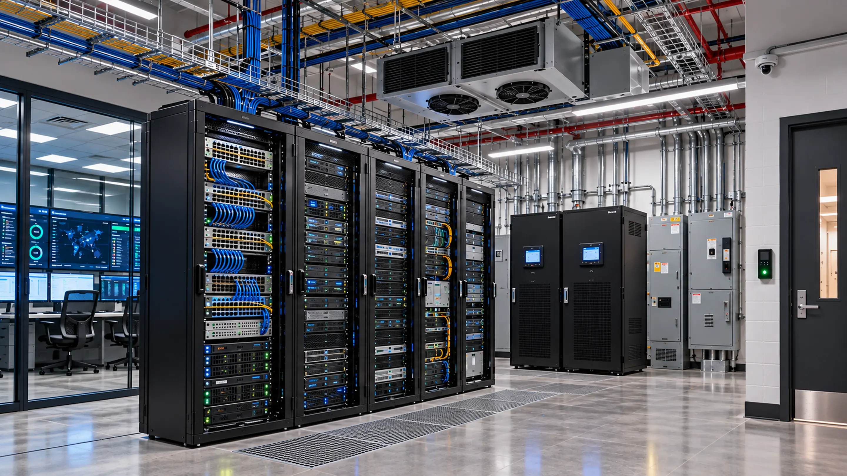 Server room with server and network racks, UPS cabinets, electrical panels, access control reader and security camera, with the cooling plant behind glass