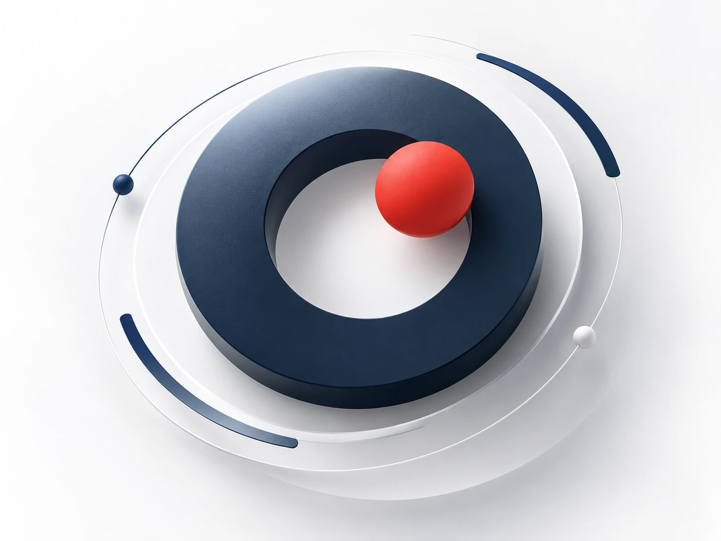 Navy ring with a red sphere, the eyeOT eye, circled by orbital paths