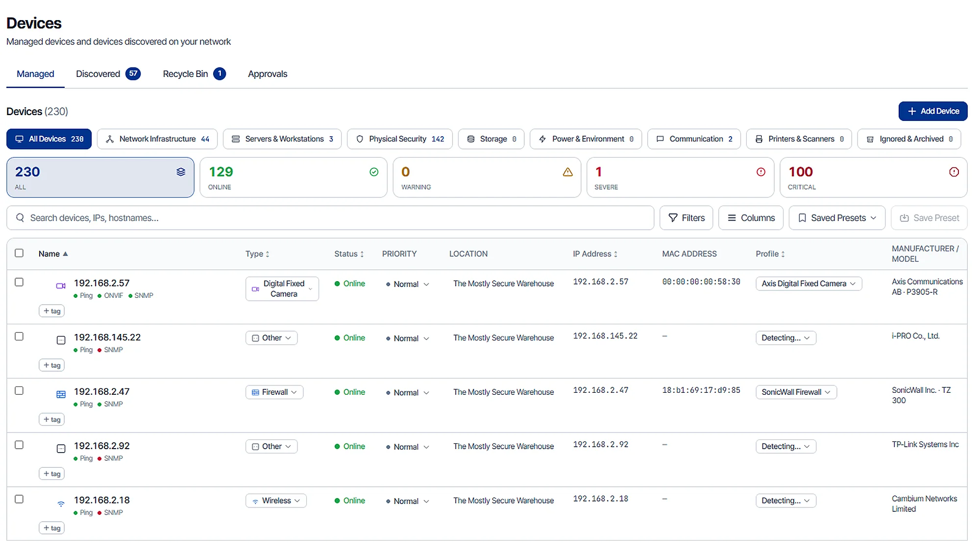 eyeOT Devices list showing 230 managed devices by category, with cameras, firewalls and wireless gear identified by type, profile and manufacturer, and 57 more discovered on the network