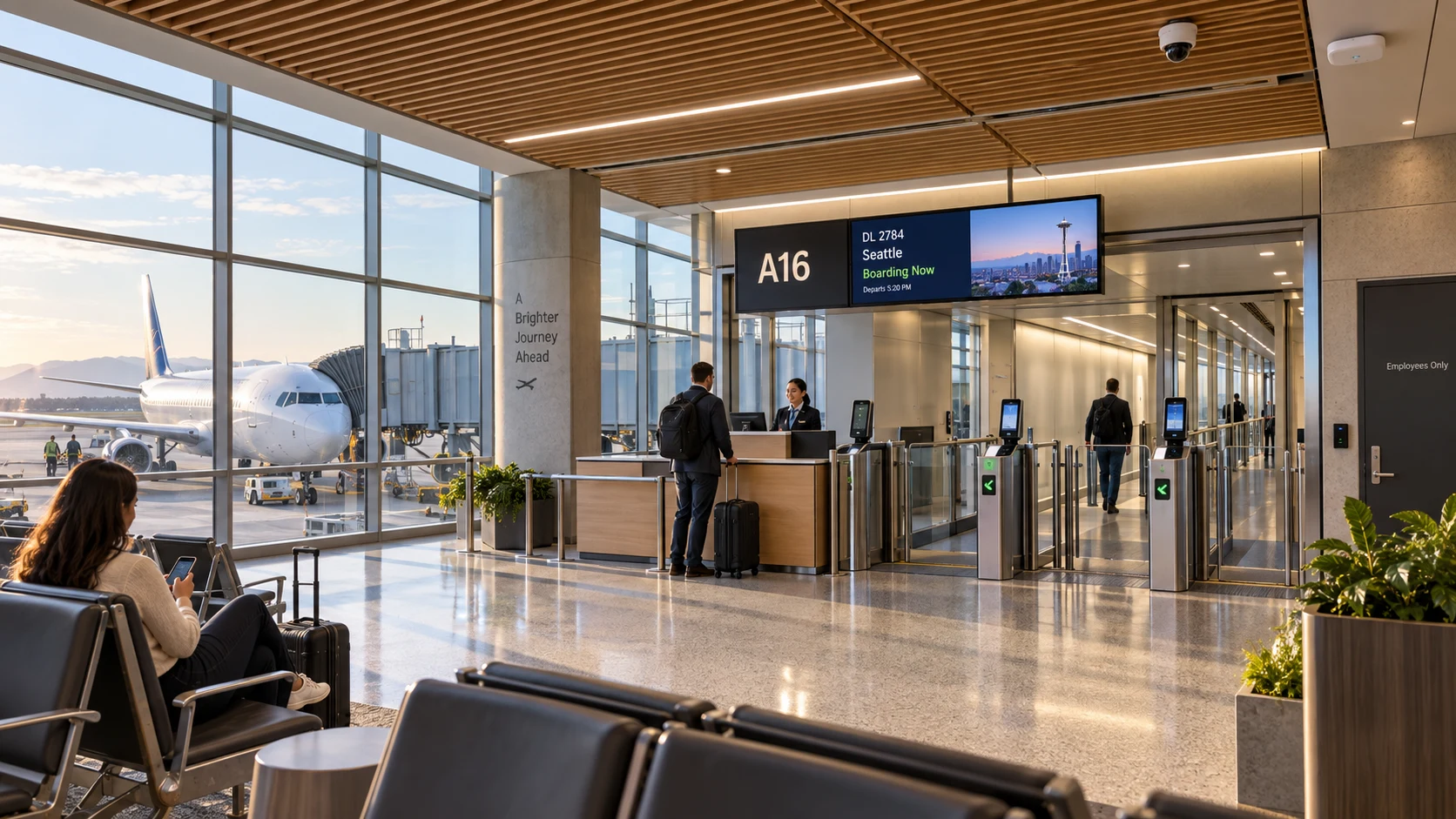 Airport boarding gate with a ceiling camera, wireless access point, e-gate scanners, a card reader on the staff door and digital signage