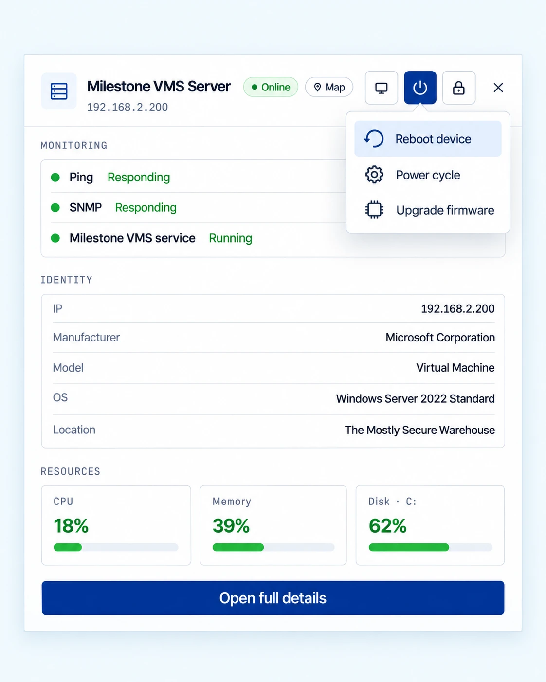 eyeOT device panel for a Milestone VMS server showing ping, SNMP and service checks, identity details, CPU, memory and disk usage, with a remote action menu to reboot, power cycle or upgrade firmware