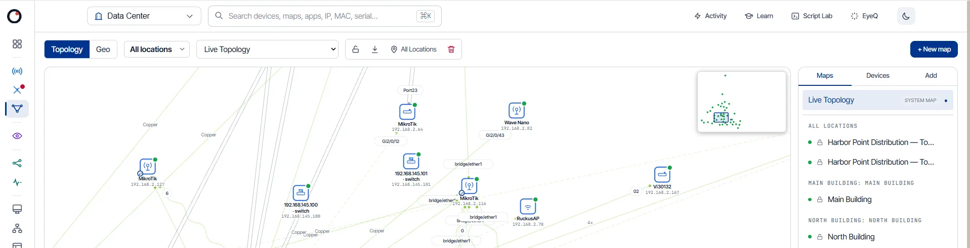 eyeOT topology map of a warehouse network: core and floor switches linked to wireless radios, access points and cameras, with link speeds, a minimap and saved maps by building