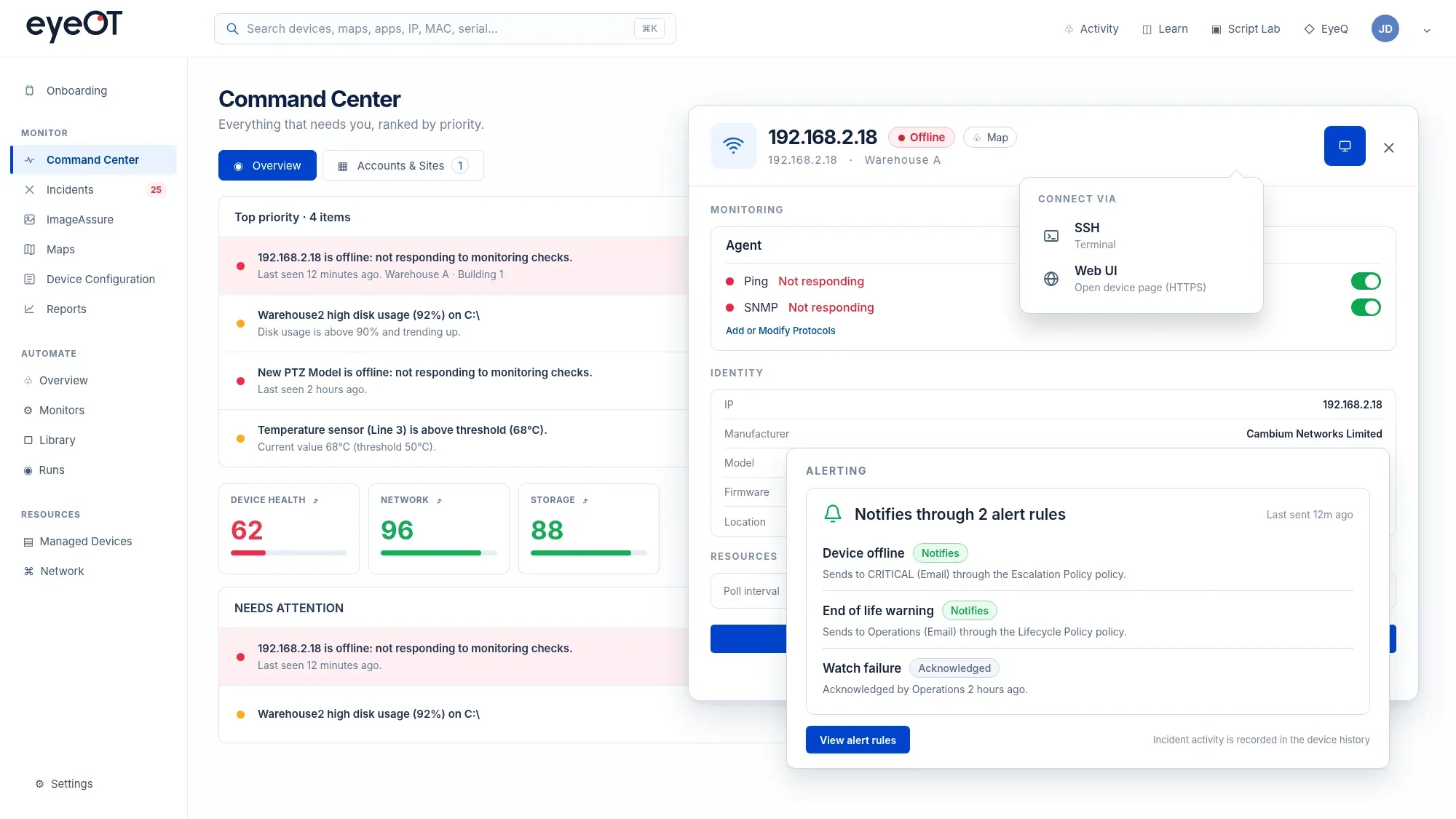 eyeOT Command Center with an offline Wi-Fi access point open, connect options for SSH and Web UI, and its alert rules