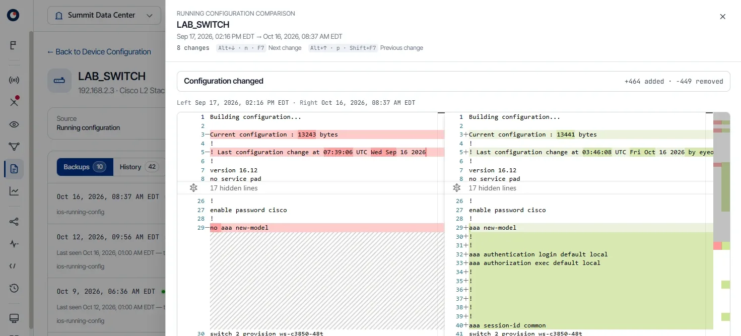 eyeOT running configuration comparison for LAB_SWITCH: 8 changes between two backups, shown side by side with removed lines in red and added lines in green