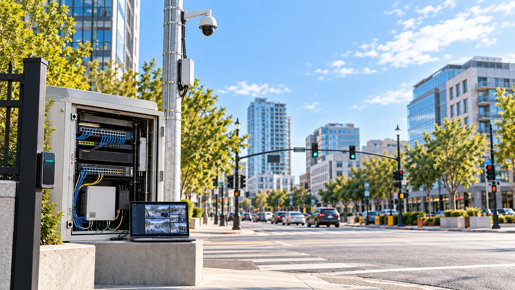 City street corner with a pole-mounted security camera, an open roadside cabinet of network switches and PoE gear, a laptop showing live camera views and an access reader on the gate, with cameras, network, VMS and controllers labeled