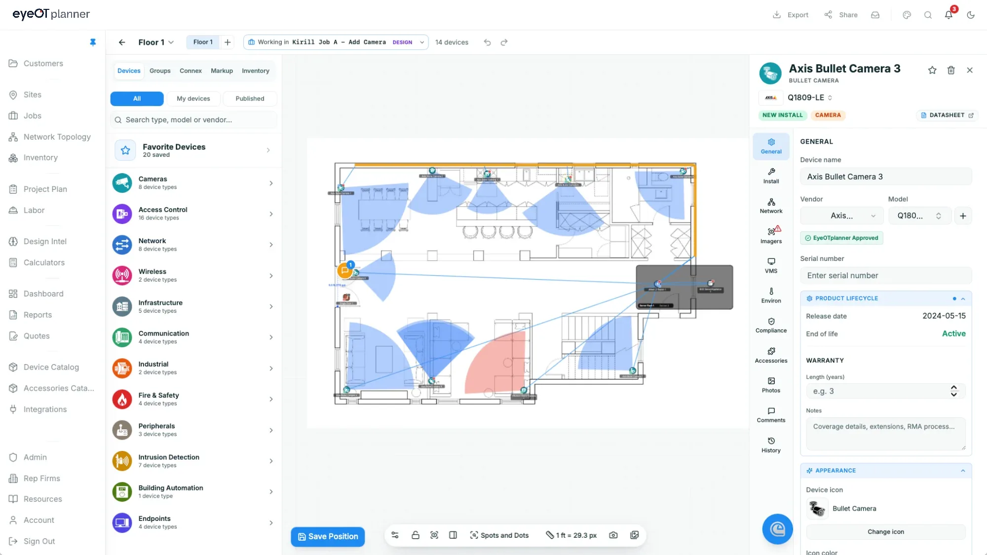 eyeOT planner workspace with cameras placed on a floor plan, coverage cones and the device inspector