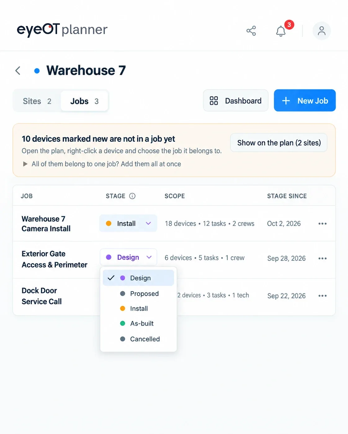 eyeOT planner jobs list for Warehouse 7 with each job's stage, scope and stage date, and the stage menu open