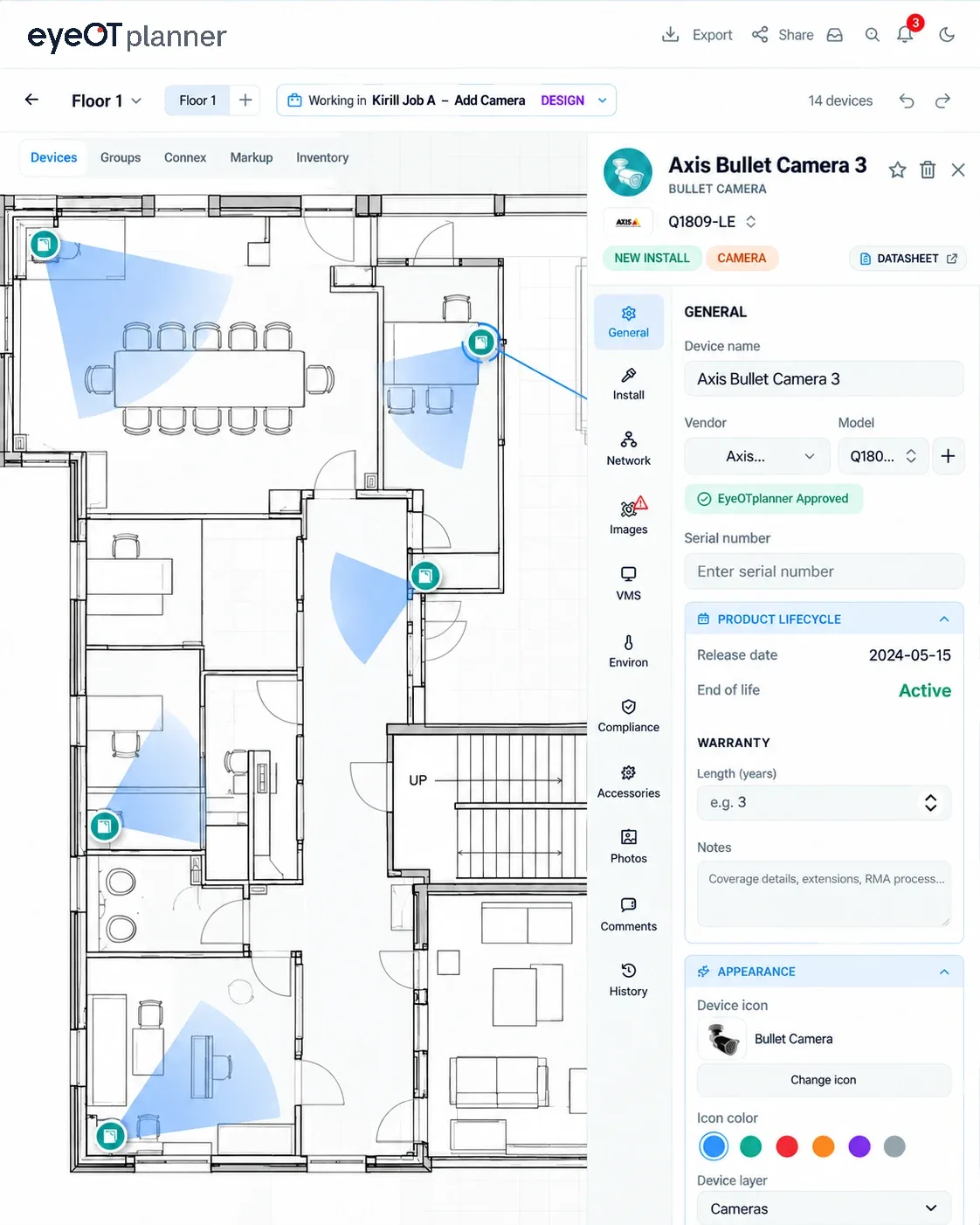 eyeOT planner floor plan with cameras and coverage cones placed, and the device inspector open on an Axis bullet camera