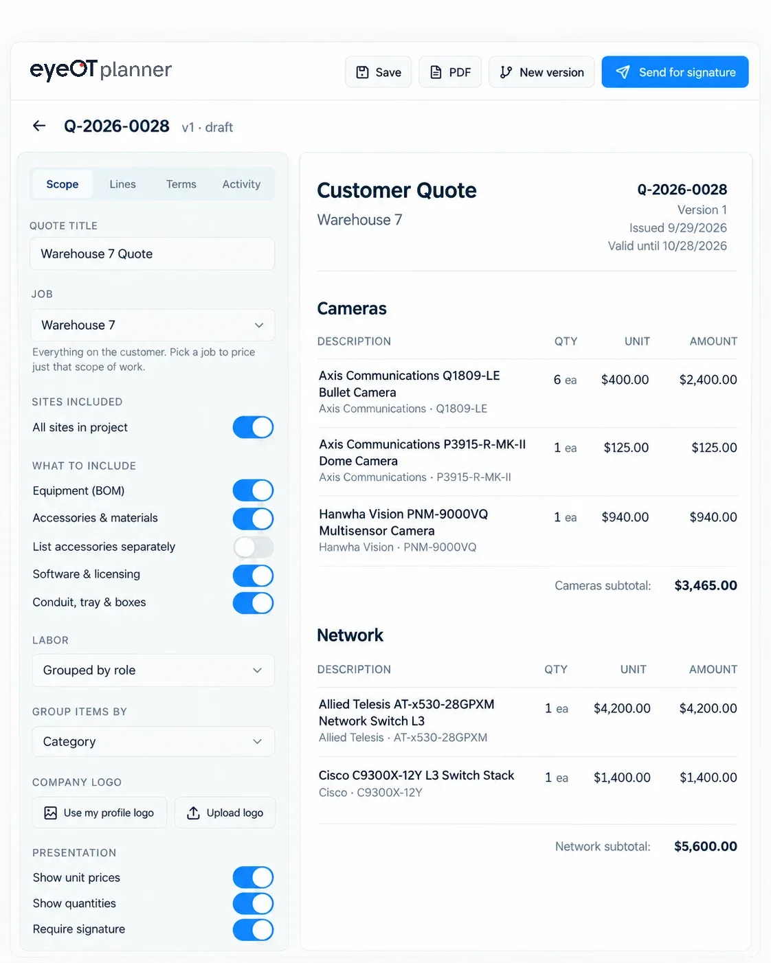 eyeOT planner customer quote for Warehouse 7 with scope options, camera and network line items, subtotals and Send for signature