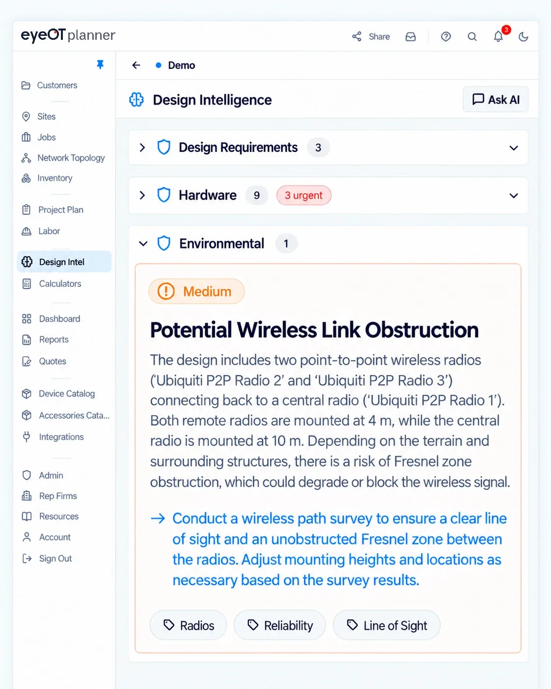 eyeOT planner Design Intelligence flagging a potential wireless link obstruction with a recommended path survey