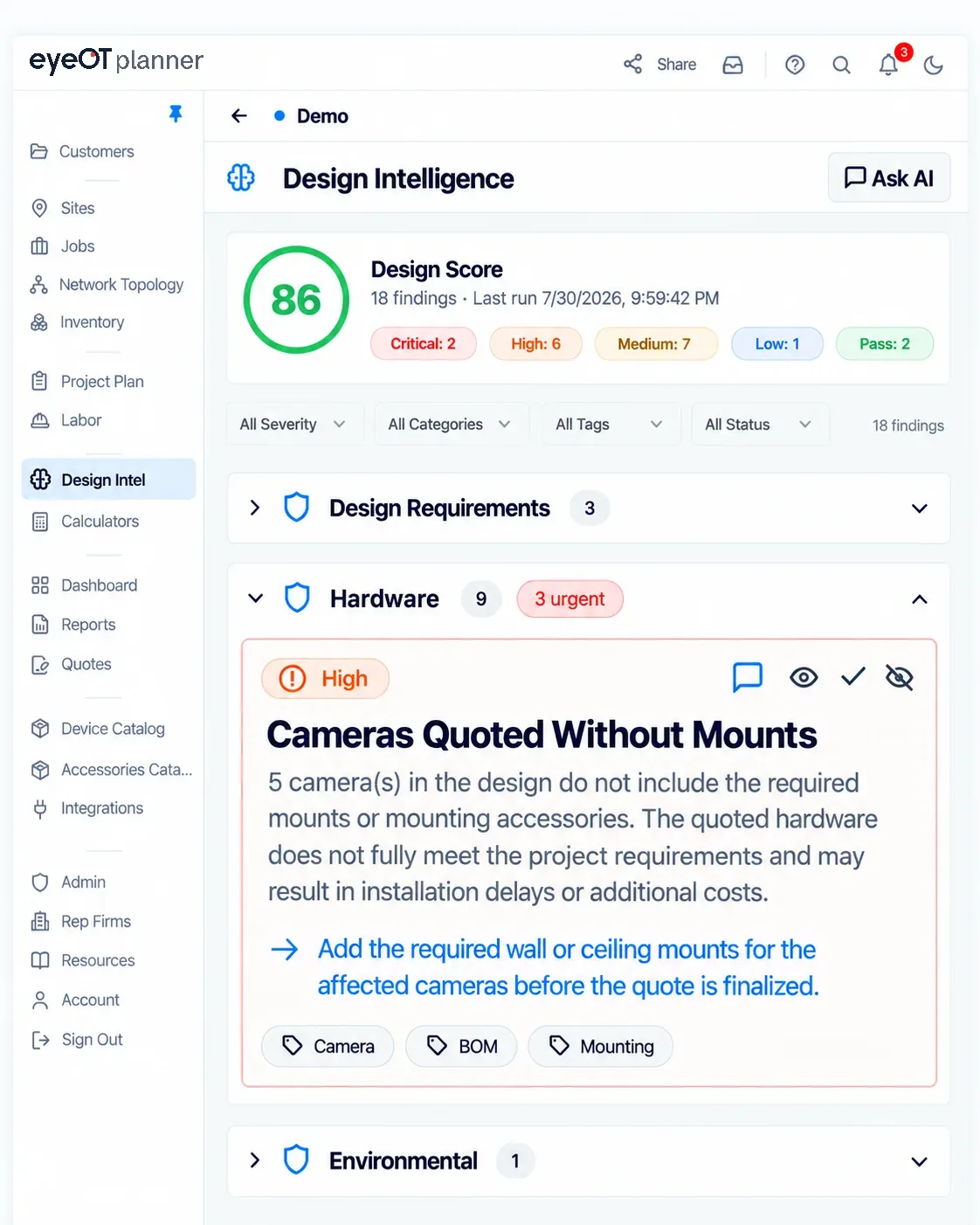 eyeOT planner Design Intelligence with a design score of 86 and a high-severity finding for cameras quoted without mounts, with a recommended fix