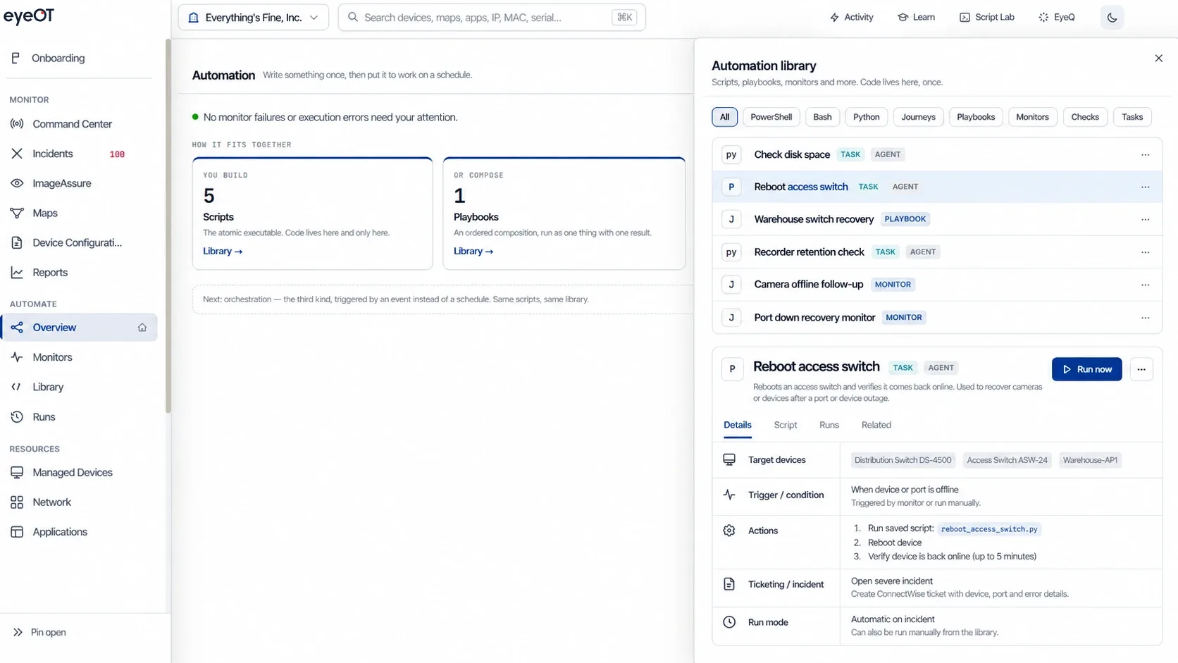 eyeOT automation library with the Reboot access switch task open, showing target devices, offline trigger, reboot and verify actions, and automatic ConnectWise ticketing