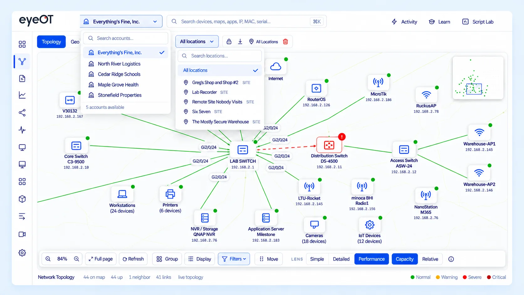 eyeOT network topology showing switches, recorders, cameras, wireless radios and access points for one customer, with a distribution switch flagged as down