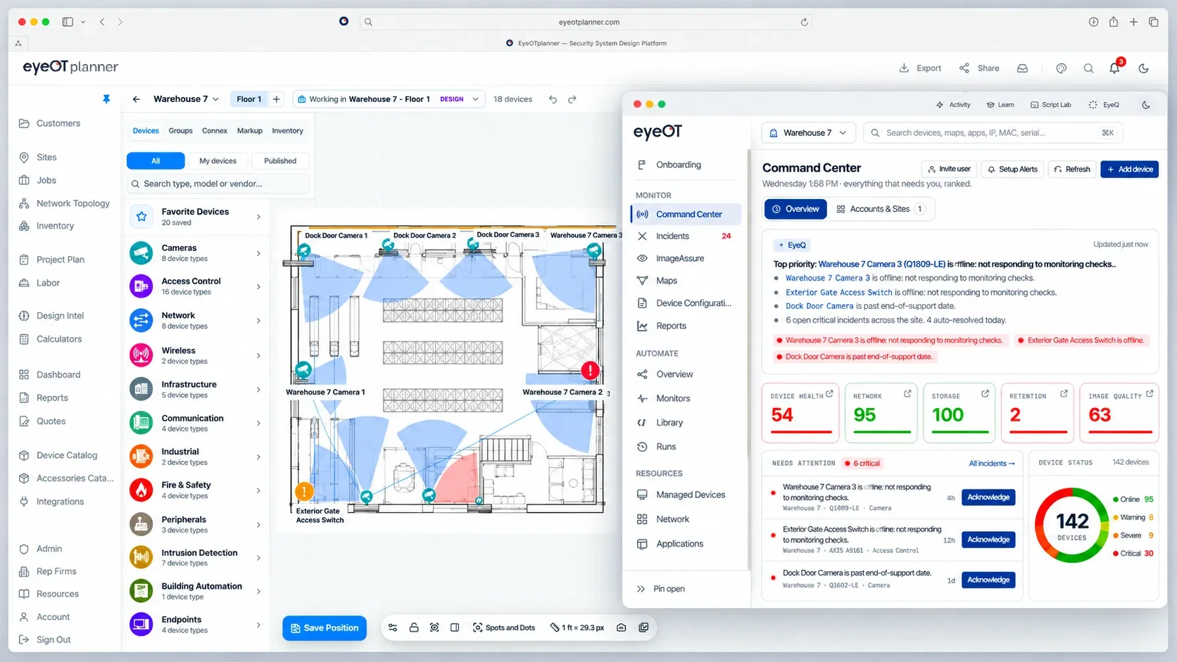 eyeOT planner floor plan for Warehouse 7 with camera coverage, alongside the eyeOT Command Center showing the same site's offline devices, health scores and incidents