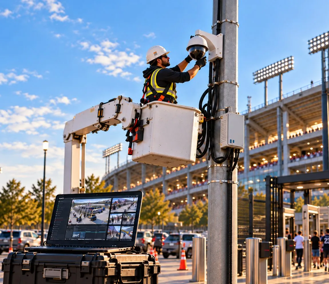 Integrator technician servicing a stadium camera, with cameras, infrastructure, VMS and access control labeled