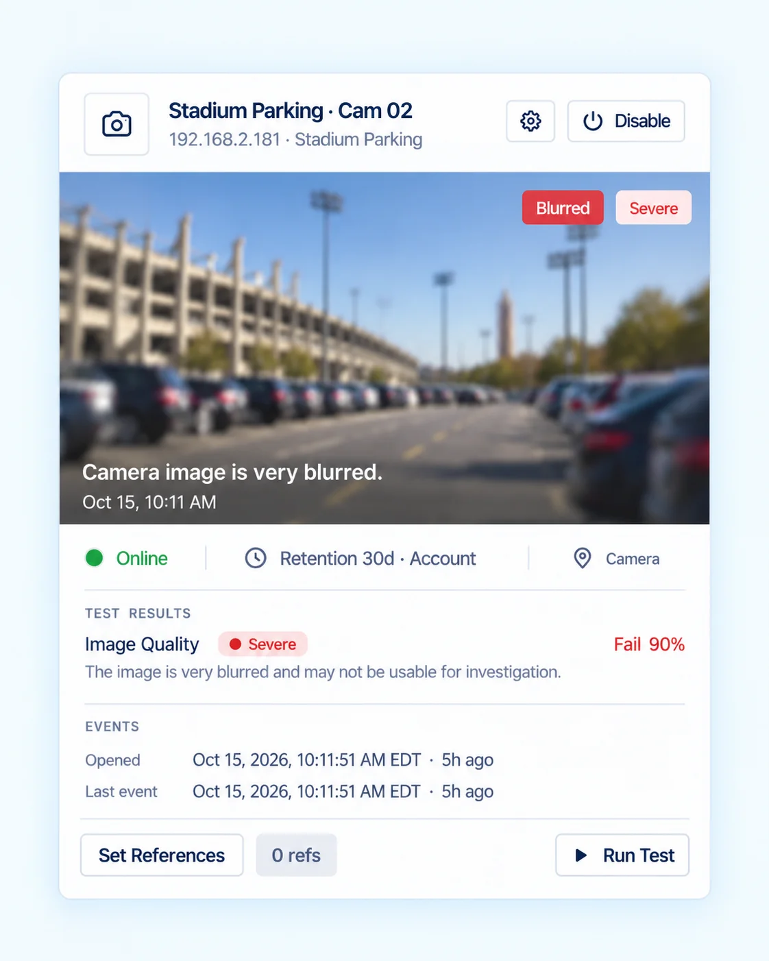 ImageAssure alert for an online stadium parking camera: the image is very blurred, flagged Severe with a 90% image quality failure